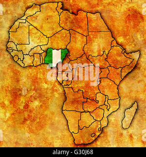 nigeria on actual vintage political map of africa with flags Stock Photo