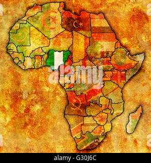 nigeria on actual vintage political map of africa with flags Stock Photo