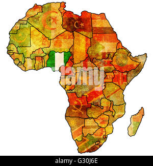 nigeria on actual vintage political map of africa with flags Stock Photo