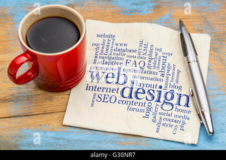 web or website design concept - a word cloud on a  napkin with a cup of coffee Stock Photo