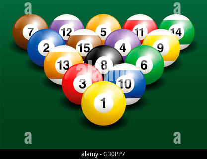 Billiard balls start position. Three-dimensional illustration on green gradient background. Stock Photo