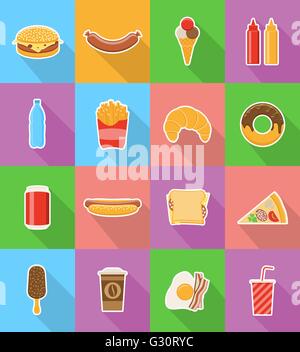 fast food flat icons with the shadow vector illustration isolated on background Stock Vector
