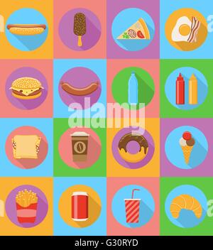 fast food flat icons with the shadow vector illustration isolated on background Stock Vector