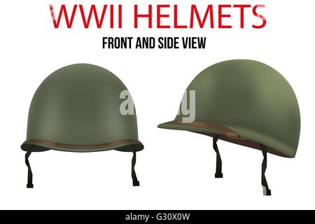 Military US green helmet infantry of WWII. Side view. Metallic army symbol of defense. Stock Vector