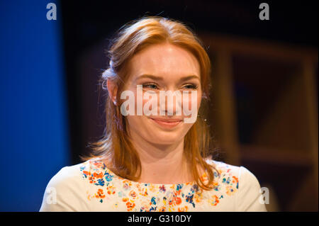 Eleanor Tomlinson who played Demelza Poldark in the 2015 BBC production of Poldark speaking on stage at Hay Festival of Literature and the Arts 2016, Hay-on-Wye, Powys, Wales, UK Stock Photo
