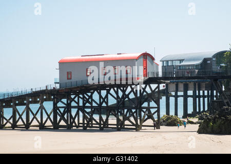 Old and new RNLI Lifeboat stations In coastal resort town of Tenby,Pembrokeshire,West Wales,Wales,U.K.UK,Europe. Stock Photo