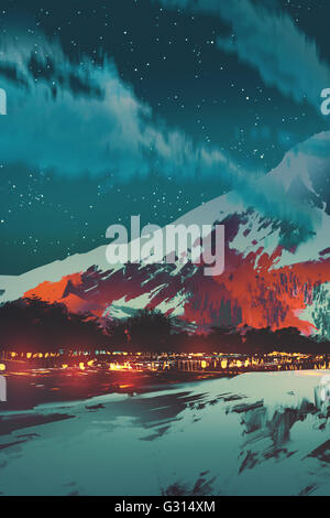 night scene of village in mountain,landscape illustration painting Stock Photo