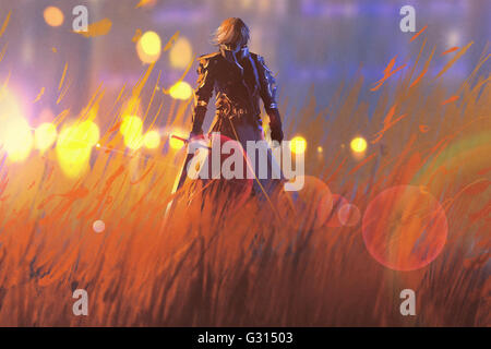 knight warrior standing with sword in field,illustration painting Stock Photo