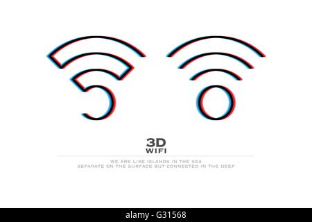 two 3d illusion wireless icons and wifi logo. vector radio wave stereoscopic symbol. free internet connection zone sign. anaglyp Stock Vector