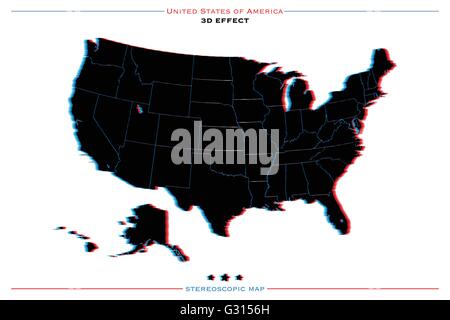 stereoscopic effect United States of America isolated map. vector USA territory political map. geographic banner template. three Stock Vector