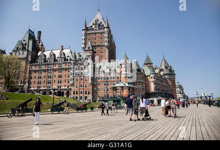 QUEBEC CITY - MAY 23, 2016: The Dufferin Terrace overlooks the St. Lawrence River right by the Château Frontenac. This terrace w Stock Photo