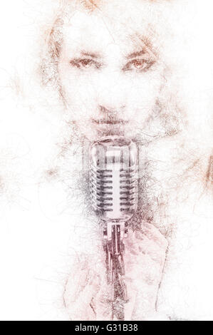 Pencil drawing of a beautiful woman with a microphone. Digitally generated image Stock Photo