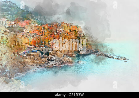 Landscape colorful painting with small town, Perugia, Umbria, Italy