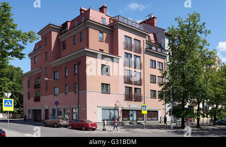 VILNIUS, LITHUANIA - MAY 23, 2016: After repair and restoration in the old house on Street Churlinio number 19 elite expensive m Stock Photo