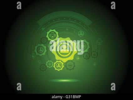 Abstract communication background with gears and icons. Technology vector design template Stock Vector