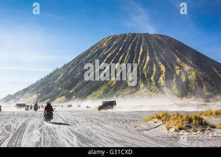 4x4 car service for tourist on desert at Bromo Mountain, Mount Bromo is one of the most visited tourist attractions in Java, In Stock Photo