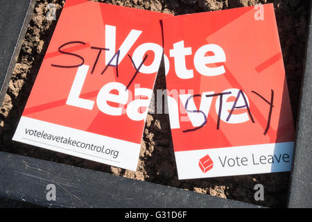 Broken,Vote Leave, poster,sign, with graffiti, stay, placed on it and placed in, rubbish,litter, bin, in Narbeth,Pembrokeshire,West, Wales,U.K.,UK,