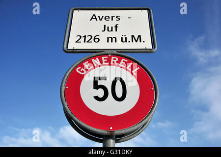 Avers, Switzerland, town sign and speed limit in Avers-Juf Stock Photo
