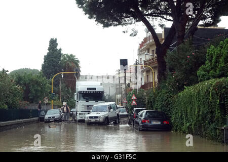 Aci Trezza, Italy, over flooded by rainwater and impassable road Stock Photo