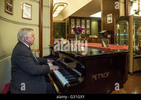 Prague, Czech Republic, piano player in Kuenstlercafe Cafe Slavia Stock Photo