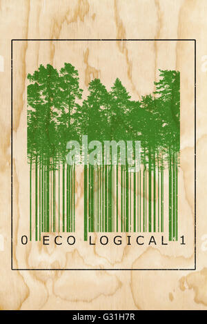 Ecological natural product bar code concept with green trees silhouettes over wooden texture Stock Photo