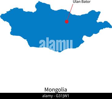 Detailed vector map of Mongolia and capital city Ulan Bator Stock Vector