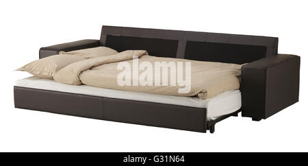 Brown leather couch bed isolated on white include clipping path Stock Photo