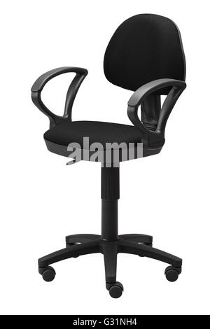 Side view of black office swivel chair on wheels with a mechanism for adjusting the height. Isolated on white background. Includ Stock Photo