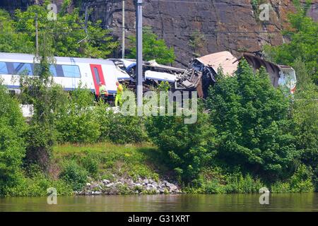 Saint-Georges-sur-Meuse, Belgium. 06th June, 2016. Derailed train ...