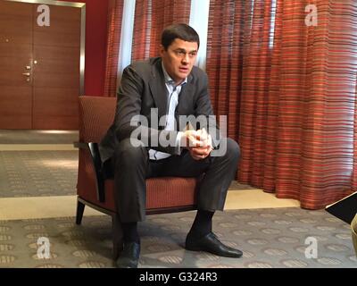 Moscow, Russia. 06th June, 2016. The Russian four-time Olympic Gold medalist Alexander Popov speaks during an interview on doping in his country in a hotel in Moscow, Russia, 06 June 2016. Photo: Friedemann Kohler/dpa/Alamy Live News Stock Photo
