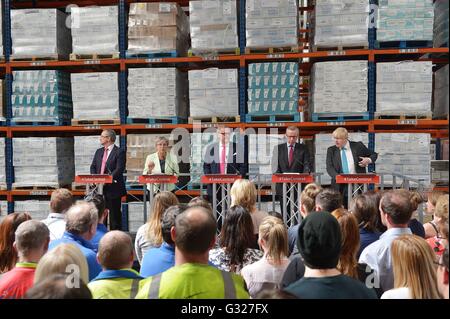 (Left to right) Denys C Shortt, Gisela Stuart, John Longworth, Justice Secretary Michael Gove and Boris Johnson during a Vote Leave EU referendum campaign event at DCS Group in Stratford-upon-Avon. Stock Photo