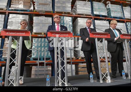 (Left to right) Gisela Stuart, John Longworth, Justice Secretary Michael Gove and Boris Johnson during a Vote Leave EU referendum campaign event at DCS Group in Stratford-upon-Avon. Stock Photo