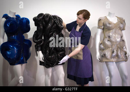 Dresses worn by the singer Bjork go on show at Kerry Taylor Auctions in London, before the Passion for Fashion auction in which they will be sold and the individual lots are expected to fetch a total price of approximately &Acirc;£40,000. Stock Photo
