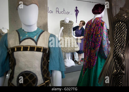 Dresses worn by the singer Bjork go on show at Kerry Taylor Auctions in London, before the Passion for Fashion auction in which they will be sold and the individual lots are expected to fetch a total price of approximately &Acirc;&pound;40,000. Stock Photo