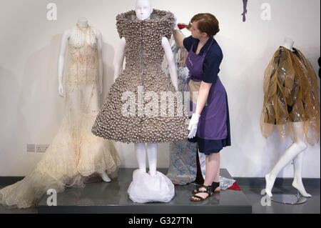Dresses worn by the singer Bjork go on show at Kerry Taylor Auctions in London, before the Passion for Fashion auction in which they will be sold and the individual lots are expected to fetch a total price of approximately &Acirc;&pound;40,000. Stock Photo