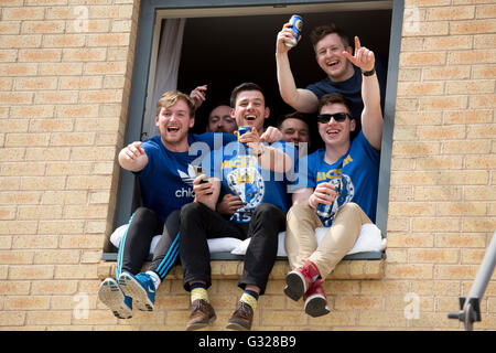 Leicester City Football supporters celebrating winning the premiership on the day the trophy was presented. Stock Photo