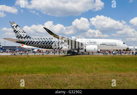 BERLIN / GERMANY - JUNE 3,2016: Airbus A 350 - 900 XWB plane during the ILA in Berlin / Germany on June 3, 2016. Stock Photo