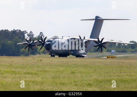 BERLIN / GERMANY - JUNE 3,2016: military Airbus A 400 M plane during the ILA in Berlin / Germany on June 3, 2016. Stock Photo