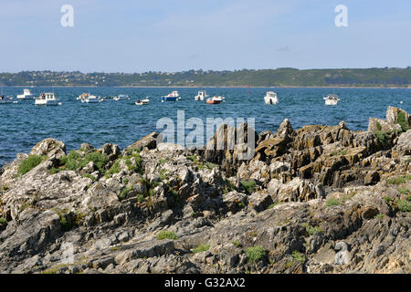 Coastline and marina of Trédrez-Locquémeau, commune in the Côtes-d'Armor department of Brittany in northwestern France Stock Photo