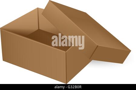VECTOR PACKAGING: Top view of open thick brown packaging box with cover on isolated white background. Mock-up template ready for Stock Vector