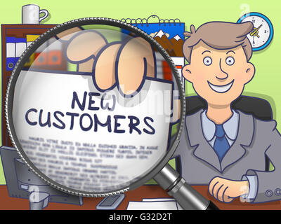 New Customers through Magnifying Glass. Doodle Concept. Stock Photo