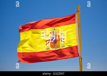 Spanish national flag, Playa de Santa Ana beach, Benalmadena, Malaga province, Costa del Sol, Andalusia, Spain, Europe Stock Photo