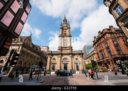 View of St George's Tron Church of Scotland and Nelson Mandela Place in central Glasgow, Scotland, United kingdom Stock Photo