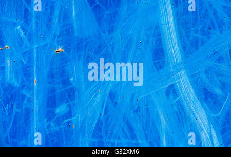 a detail image of random scratches on a blue metal panel Stock Photo