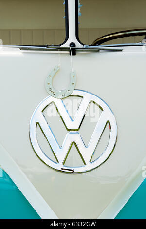 Vintage wedding VW Campervan with a good luck horse shoe on the front at a vw show. Oxfordshire, England Stock Photo