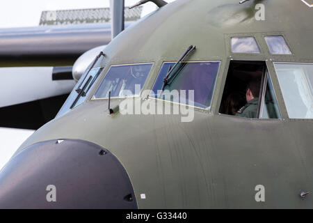 BERLIN / GERMANY - JUNE 3, 2016: Cockpit from a Transall C-160 transport plane on airport in schoenefeld, berlin / germany at ju Stock Photo