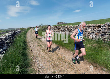 Runners on The Pennine Way taking part in the Horton-in-Ribblesdale Gala Fell Race, Yorkshire Dales National Park, June 2016 Stock Photo