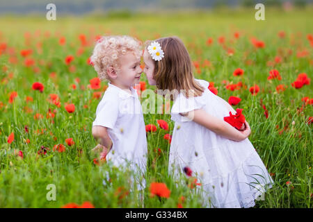 Little curly blond boy and girl play in poppy flower field. Child picking red poppies. Toddler kid in summer meadow. Stock Photo