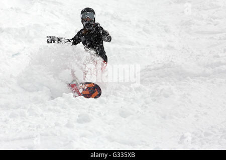 Krippenbrunn, Austria, a boy snowboarding in deep snow Stock Photo