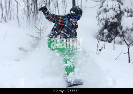 Krippenbrunn, Austria, a boy snowboarding in deep snow off piste Stock Photo